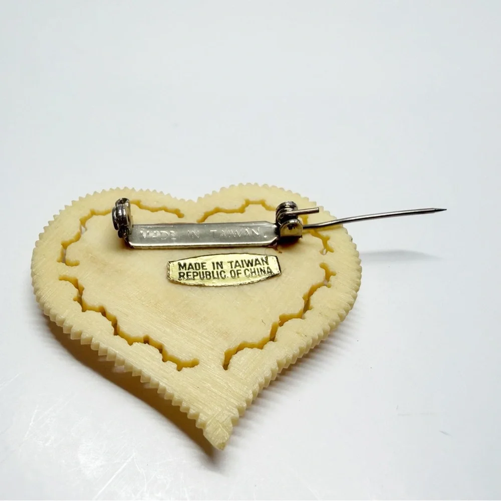 Vintage Celluloid Carved Floral Rose Heart Brooch